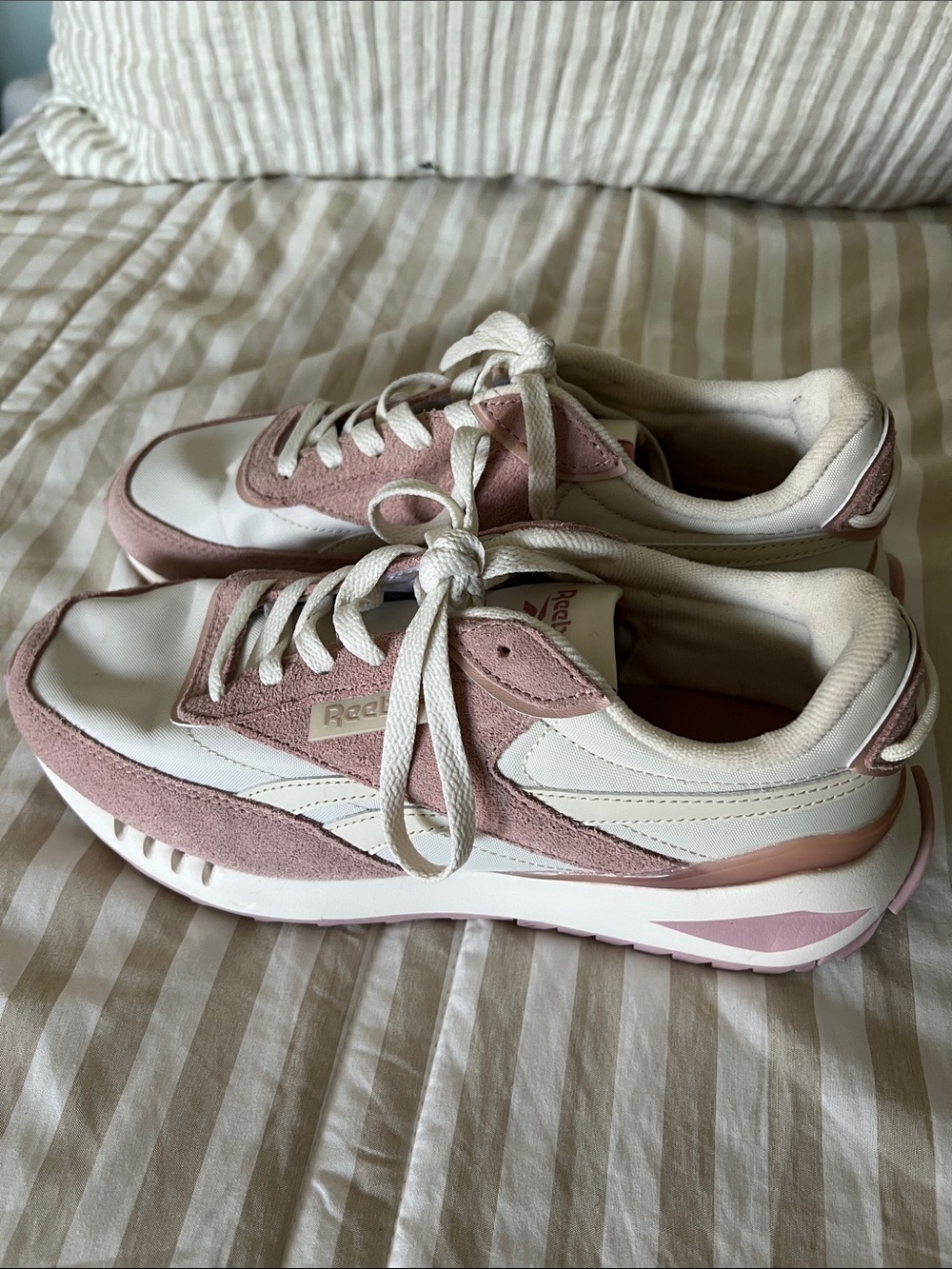 Reebok Women’s Pink and White Retro Suede Lace-Up Sneakers